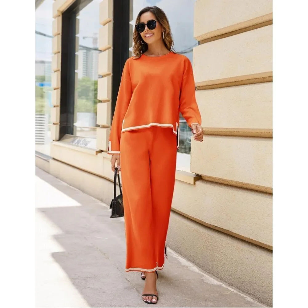Women's Orange Long Sleeve Knit Sweater Top & Wide Leg Pants Lounge Set